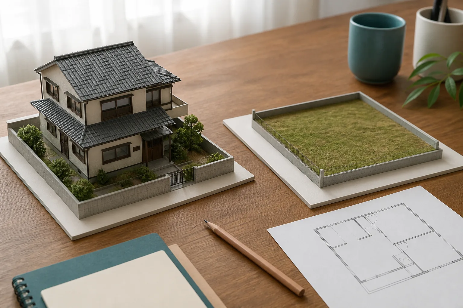 中古戸建ての模型と整形地の模型を並べた比較イメージ