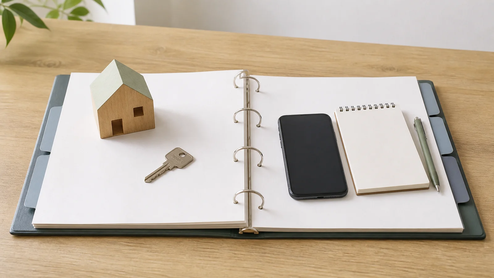 家の模型と鍵、白紙のバインダー、スマートフォンを並べた書類確認のイメージ